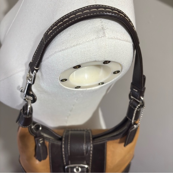 Y2K Vintage Rare Brown Hobo Shoulder Purse C Logo Two Tone Leather Canvas Bag - Picture 10 of 16